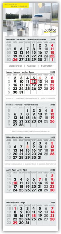 6-Monatskalender Plus grau-weiß-grau mit roten Sonn- und Feiertagen